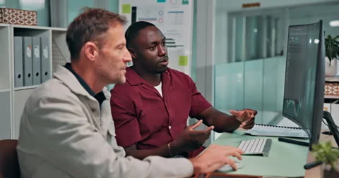 Office, men and trading advice on computer screen for market shift, explain Stock Footage 341459919