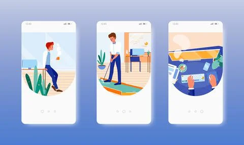 Office mini golf game. Mobile app onboarding screens, vector website banner 库存插图