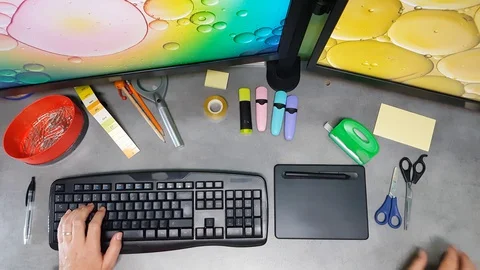 Office with mouse keyboard, tablet and mouse Stock Footage 129564874