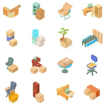 Office move icons set, isometric style Stock Illustration