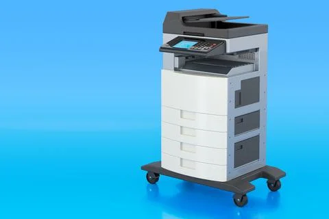 Office multifunction printer MFP on blue background, 3D rendering 스톡 일러스트