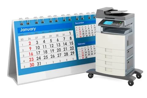 Office multifunction printer MFP with desk calendar. 3D rendering Stock Illustration