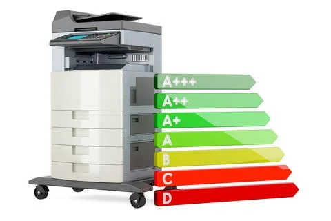 Office multifunction printer MFP with energy efficiency chart, 3D rendering Stock Illustration
