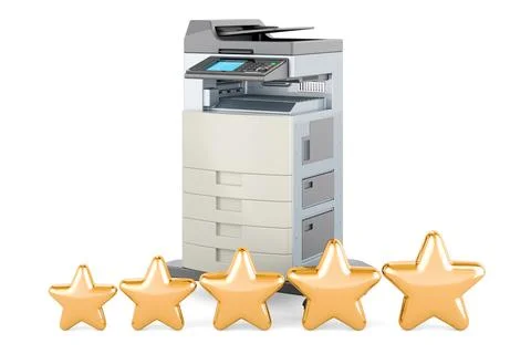 Office multifunction printer MFP with five golden stars. 3D rendering Stock Illustration
