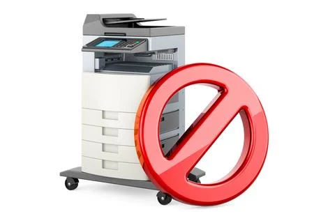 Office multifunction printer MFP with forbidden symbol. 3D rendering Stock Illustration