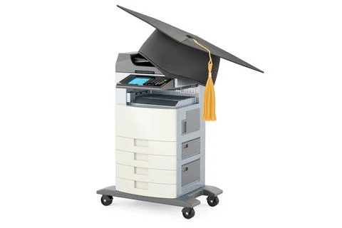 Office multifunction printer MFP with graduation hat. 3D rendering Stock Illustration