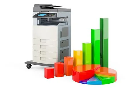Office multifunction printer MFP with growth bar graph and pie chart, 3D re.. Stock Illustration