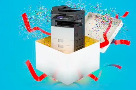 Office multifunction printer MFP inside gift box, 3D rendering 스톡 일러스트