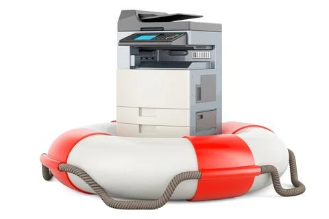 Office multifunction printer MFP inside lifebelt. 3D rendering Stock Illustration
