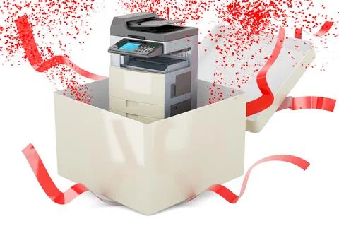 Office multifunction printer MFP inside gift box, 3D rendering Stock Illustration