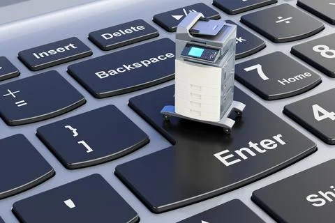 Office multifunction printer MFP on laptop keyboard. 3D rendering Stock Illustration