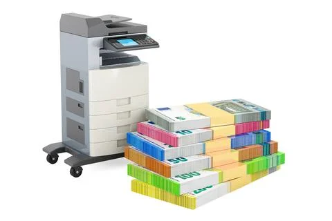 Office multifunction printer MFP with money, euro packs. 3D rendering Stock Illustration