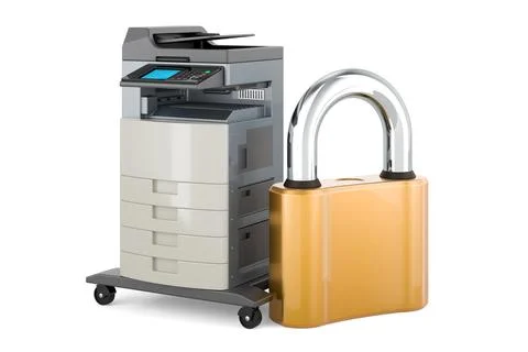 Office multifunction printer MFP with padlock. 3D rendering Stock Illustration