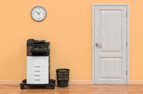 Office multifunction printer MFP with plastic garbage bin in room near wall.  스톡 일러스트