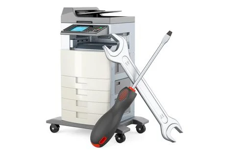 Office multifunction printer MFP with screwdriver and wrench. 3D rendering Stock Illustration