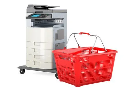 Office multifunction printer MFP with shopping basket. 3D rendering Stock Illustration