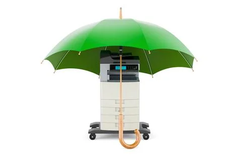 Office multifunction printer MFP under umbrella. 3D rendering Stock Illustration