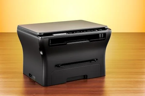 Office multifunction printer MFP on the wooden table. 3D rendering 스톡 일러스트