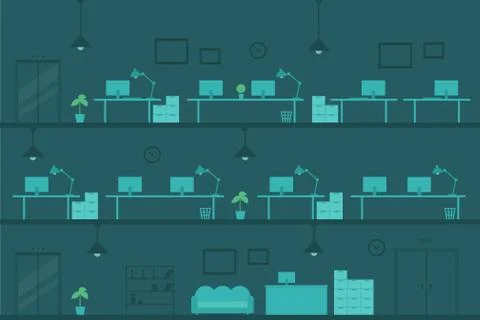 Office at night empty Workplace tables monitors background for banner Stock Illustration