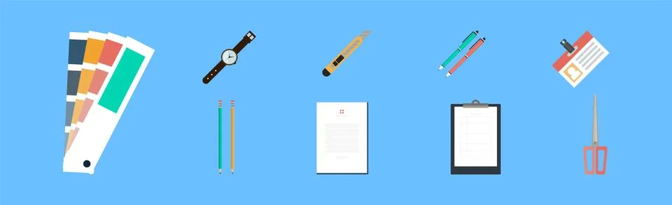 Office Object and Business Workflow Items on Blue Background Vector Set Stock Illustration