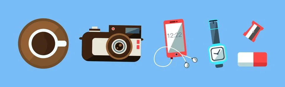 Office Object and Business Workflow Items on Blue Background Vector Set Stock Illustration