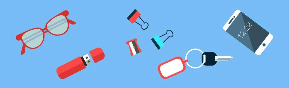 Office Object and Business Workflow Items on Blue Background Vector Set 스톡 일러스트