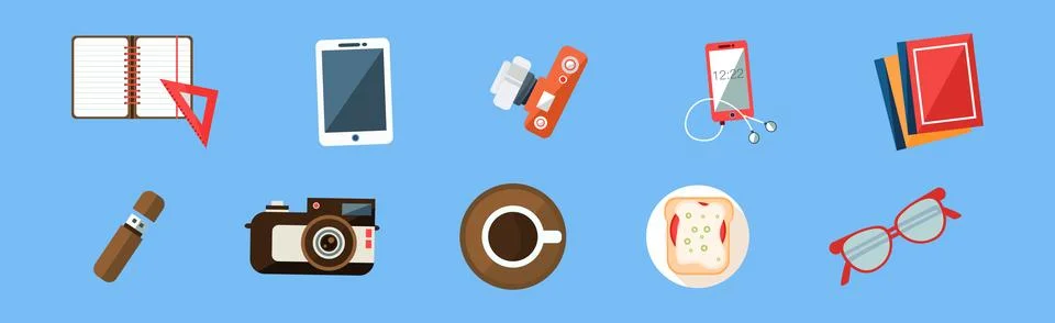 Office Object and Business Workflow Items on Blue Background Vector Set Stock Illustration