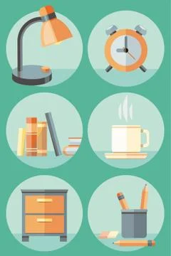 Office objects and elements of workplace icon set Stock Illustration