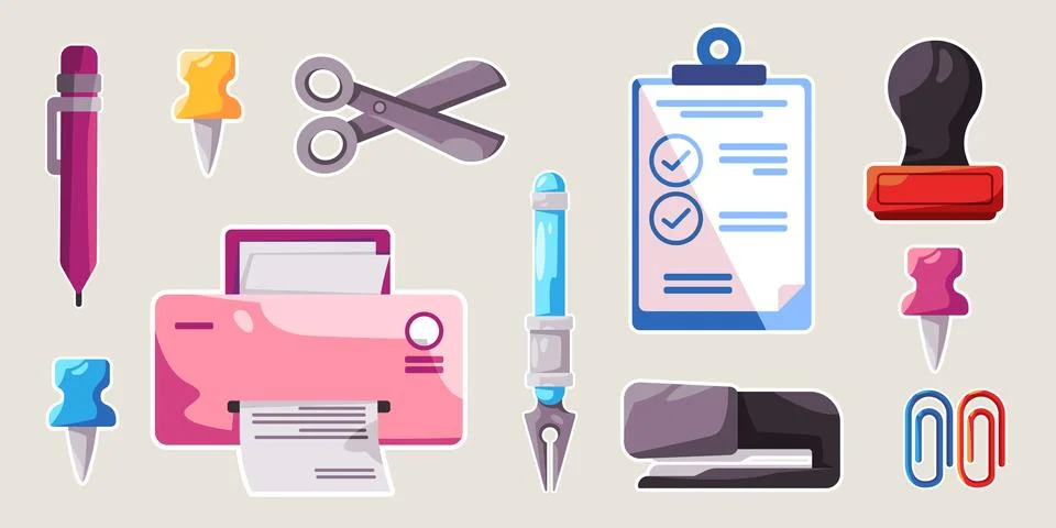 Office objects cartoon set sticker doodle collection bundle from printer pa.. Stock Illustration