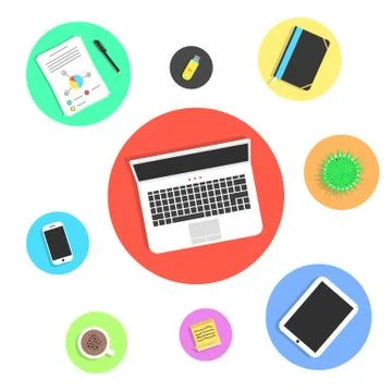 Office objects in colored circles Stock Illustration