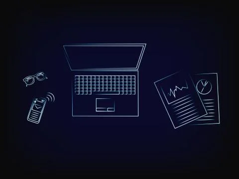 Office objects on a desk from above, vector Stock Illustration