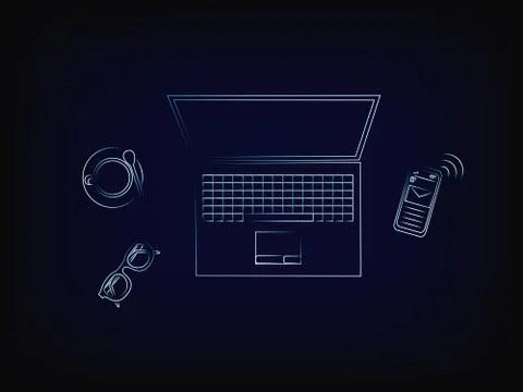 Office objects on a desk from above, vector Illustrazione stock