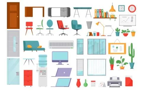 Office objects flat icons vector illustrations collection of isolated computers Stock Illustration