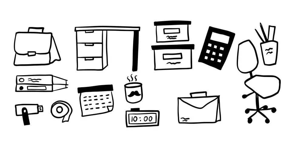 Office Objects Theme Illustration Pack | Minimalist Doodle Style Vector Stock Illustration