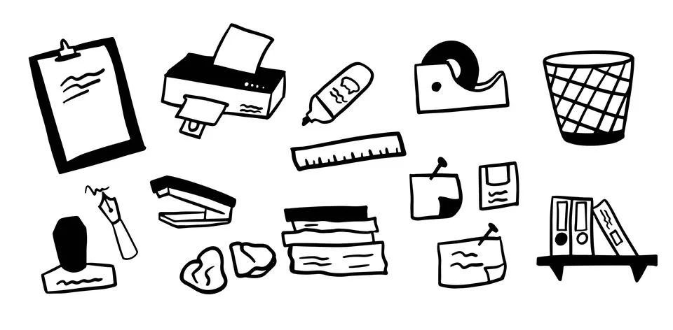 Office Objects Theme Illustration Pack | Minimalist Doodle Style Vector Stock-Illustration