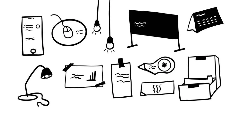 Office Objects Theme Illustration Pack | Minimalist Doodle Style Vector Stock-Illustration