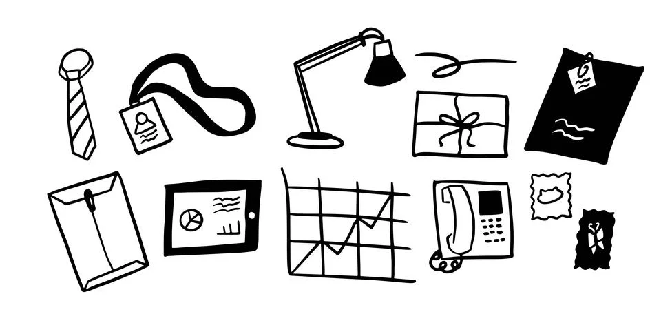 Office Objects Theme Illustration Pack | Minimalist Doodle Style Vector Stock Illustration