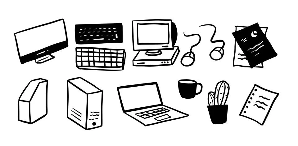 Office Objects Theme Illustration Pack | Minimalist Doodle Style Vector Stock Illustration