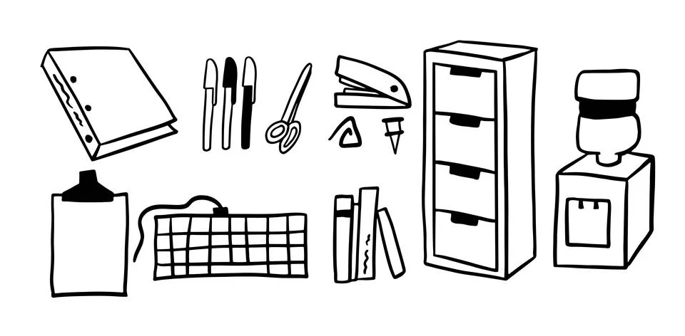 Office Objects Theme Illustration Pack | Minimalist Doodle Style Vector Stock Illustration