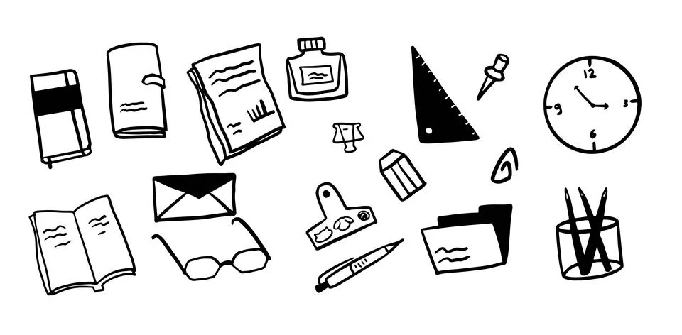 Office Objects Theme Illustration Pack | Minimalist Doodle Style Vector Иллюстрация