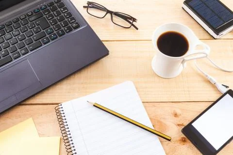 Office objects on wood Stock Photos