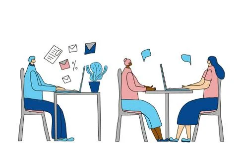 Office open space concept. Colleagues sitting at the desk and working. Young  Stock Illustration