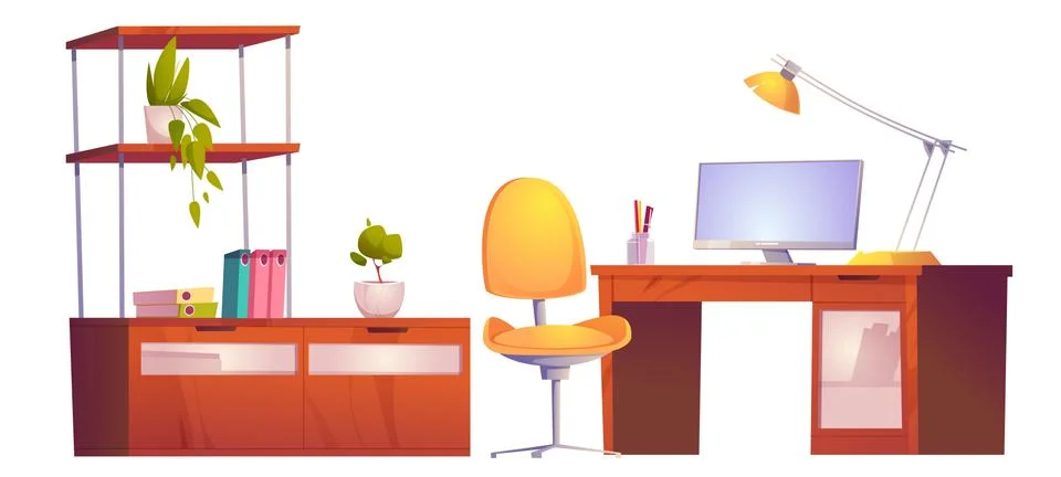 Office or home workplace with desk, monitor, chair Stock Illustration