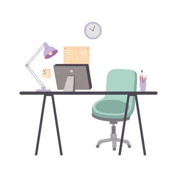 Office or home workplace with table, chair, computer and lamp, cartoon styl.. Stock Illustration