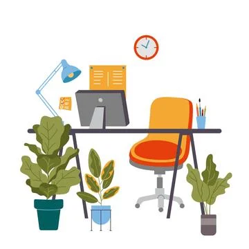 Office or home workplace with table, chair, computer, house plants and lamp.. Ilustración de archivo