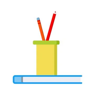 Office or school icon two colored pencils in a plastic glass on blue notepad. Stock Illustration