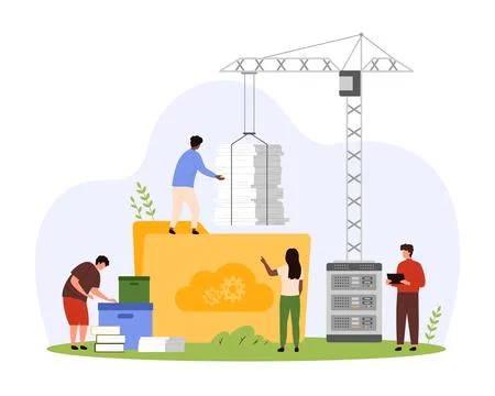 Office organization of document flow by tiny people loading stack of pages into Stock Illustration