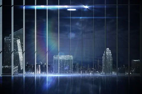 Office overlooking city at night Ilustración de archivo