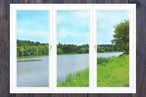 Office panoramic windows with view to the river Stock Photos