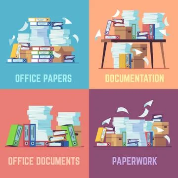 Office paper documents. Routine bureaucracy paperwork, accounting papers pile 스톡 일러스트